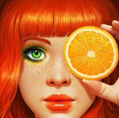 Оранжевый - рыжий женщина с апельсинами