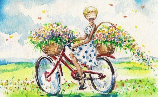 Улыбка женщины на велосипеде