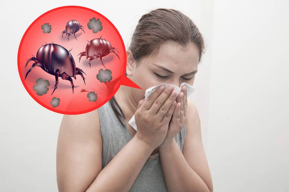 Женщина аллергенов, кашляющая пылевым клещем