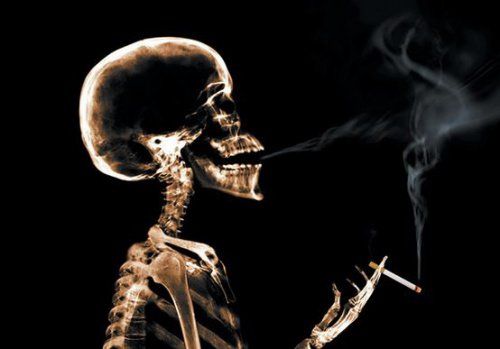 Вредность табачного человеческого скелета, курящего сигарету