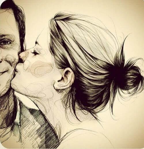женщина целует мужчину в щеку