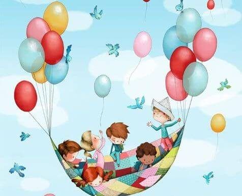 Дети на одеяле, перевозимые воздушными шарами