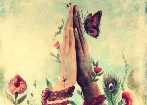 Сложные руки среди бабочек и цветов