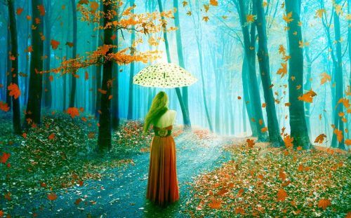 Девушка с зонтиком в лесу