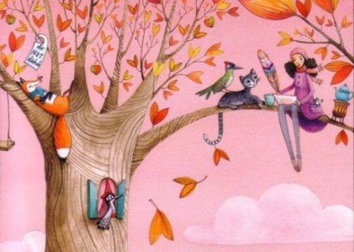 Женщина и животные на дереве