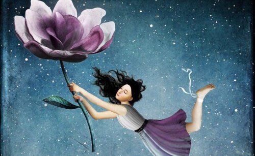 Женщина летит, держа цветок и темные облака