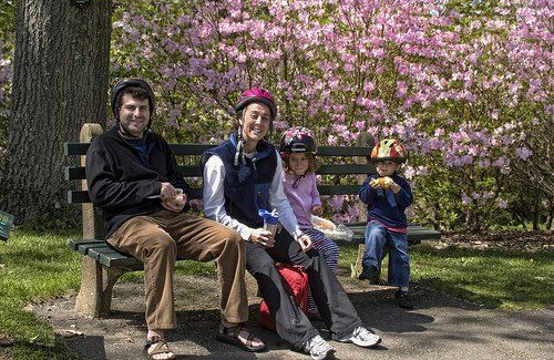 Семья в парке на скамейке