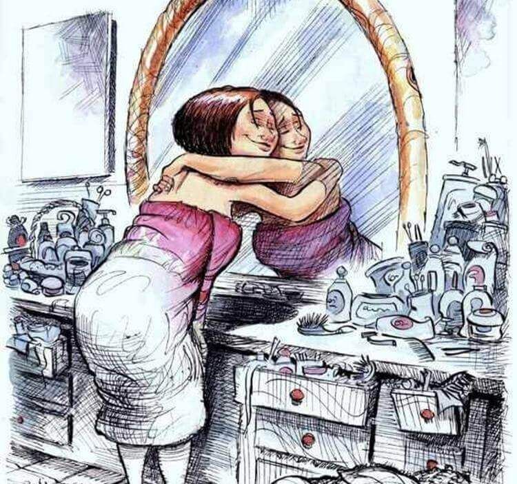 женщина обнимает ее отражение