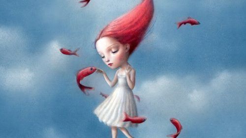 Девушка с рыжими волосами и рыбой